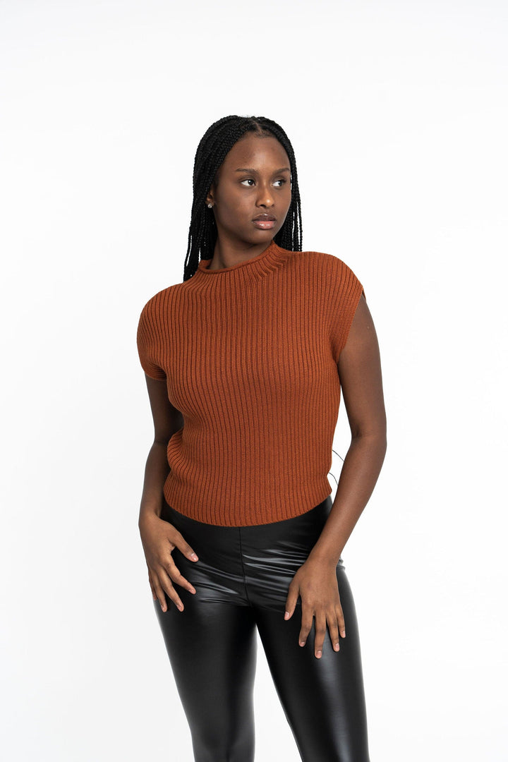Angela: Sustainable Cap Sleeve Mock Neck Ribbed Sweater