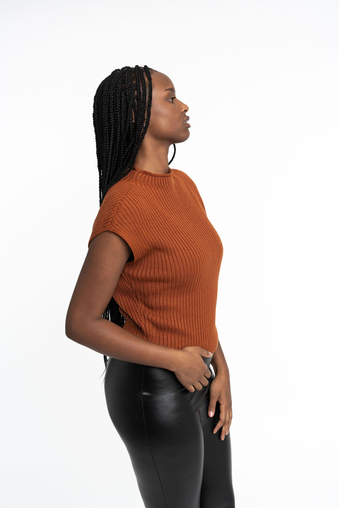Angela: Sustainable Cap Sleeve Mock Neck Ribbed Sweater