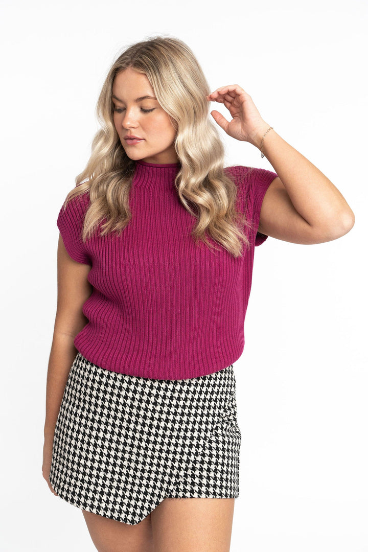 Angela: Sustainable Cap Sleeve Mock Neck Ribbed Sweater